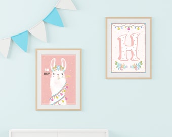 Girl Nursery Decor, Llama Gift, Set of 2 Nursery Digital Prints, Alphabet Print, Art Prints Download For Bedroom Decor