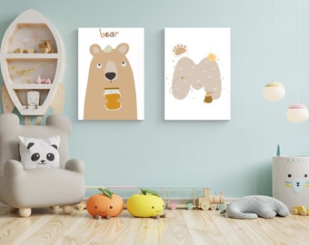 Set of 2 Nursery Digital Prints, Boy Nursery Decor, Bear print, Alphabet Print, Downloadable Prints, Art Prints Download For Bedroom Decor