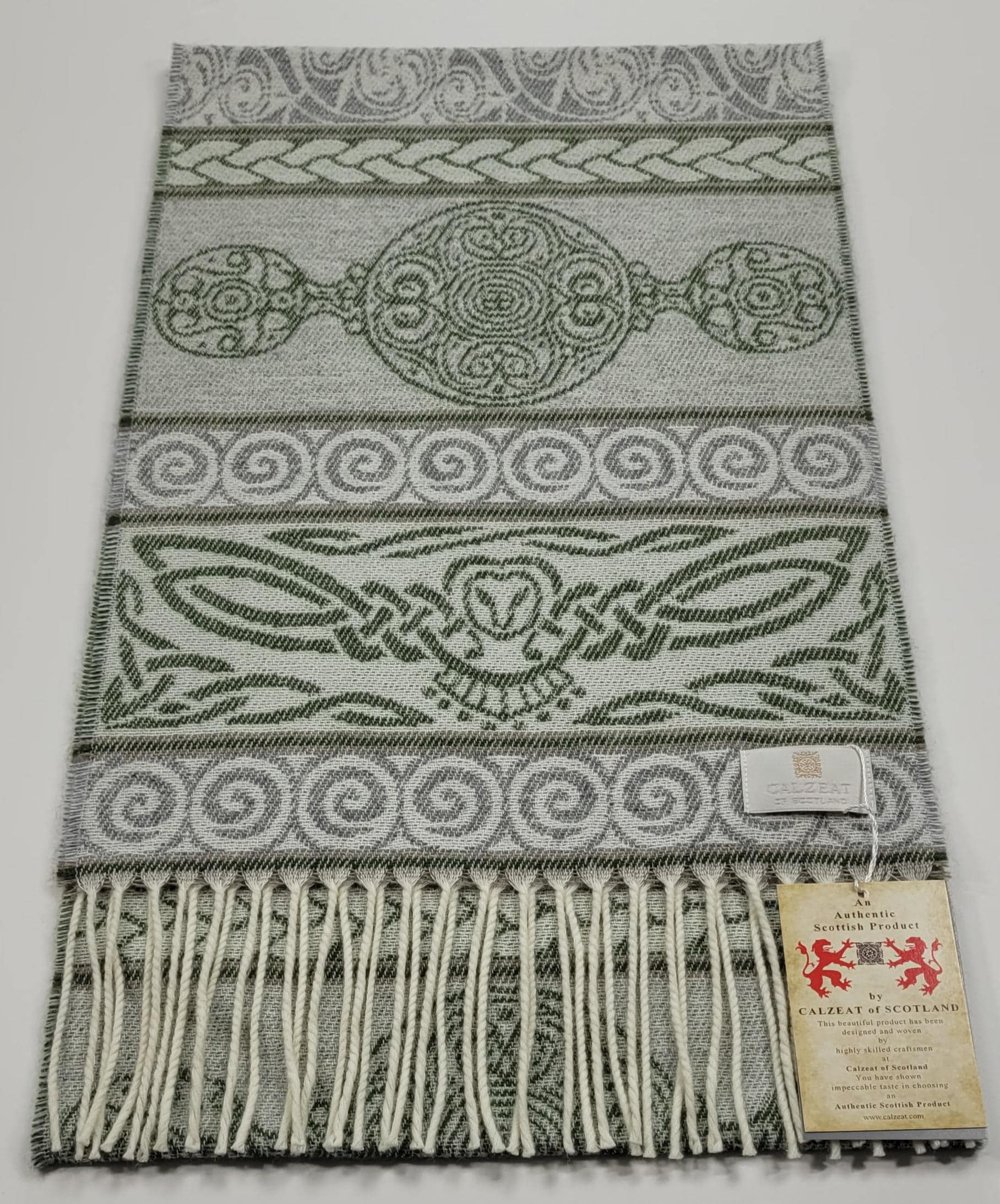 Calzeat Made in Scotland Jacquard Woven Celtic Owl Pine Scarf