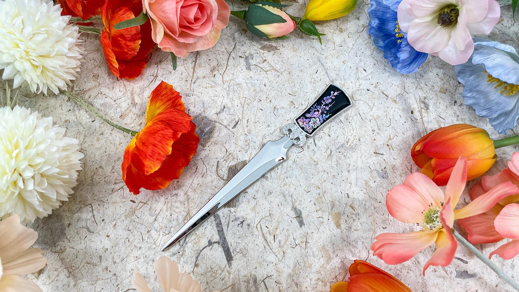 Mother Of Pearl Letter Opener Black Metal Steel Office Mini Hand Envelope Opener With Lotus Flower Design