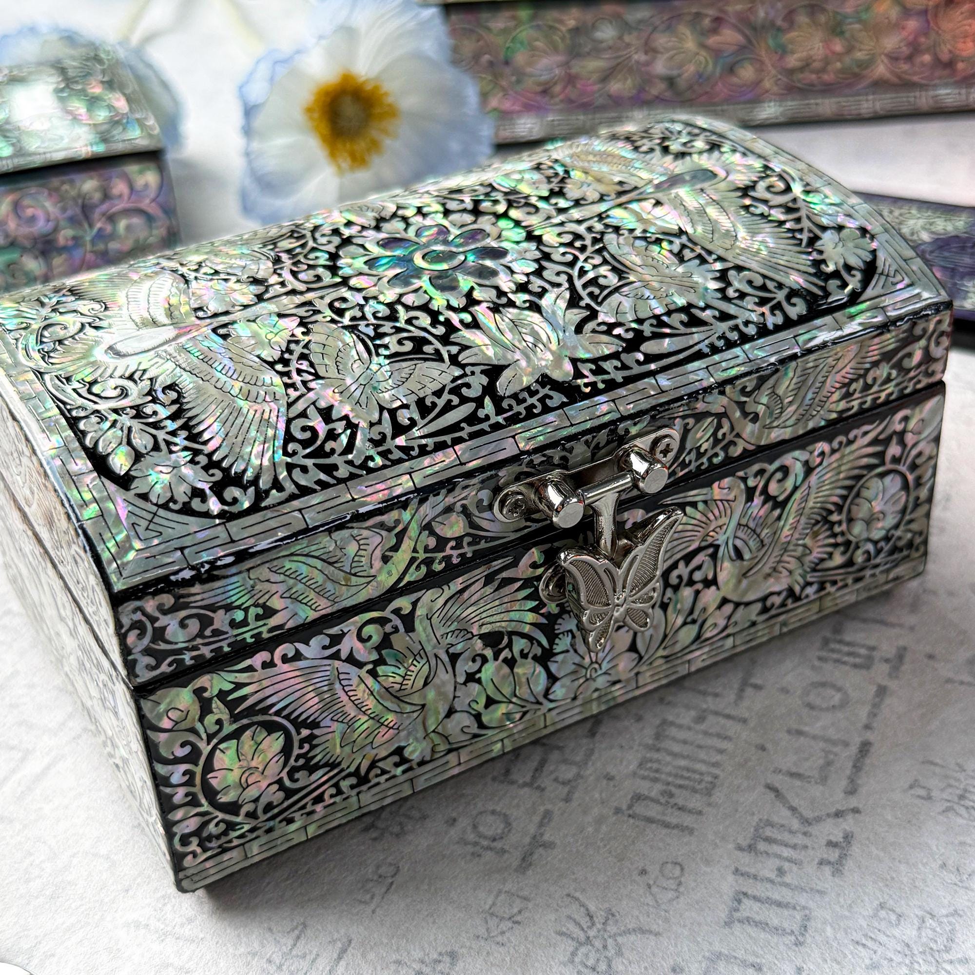 Korea Mother of Pearl Crane Jewelry Box Inlay Wooden pirate chest…
