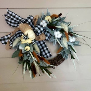 Buffalo Check Farmhouse Wreath, Fall Farmhouse Pumpkin Wreath, Pumpkin Lambs Ear Wreath, Autumn Door Decor