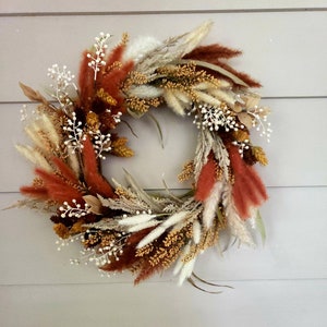 Neutral Fall Wreath for Front Door, Wheat and Fall Grass Wreath, Autumn Wreath with Burnt Orange & Mustard Hops