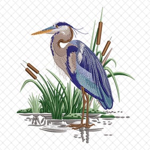 ブルーヘロンの刺繍デザイン、鳥の機械刺繍、野生動物の鳥の刺繍デザイン、雄大な鳥のステッチ刺繍パターン