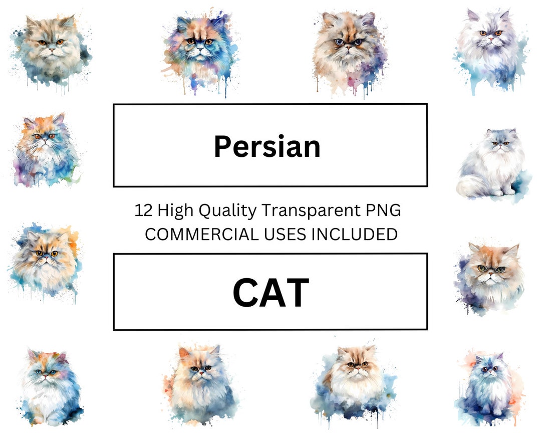 Persian Cat Clipart, Watercolor Cute Persian Cat Face Clipart Digital ...