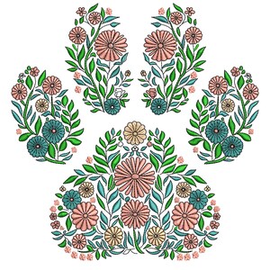 花の足跡の刺繍デザイン、犬の足跡の機械刺繍ファイル、犬の刺繍デザイン、花の足跡の刺繍ファイル