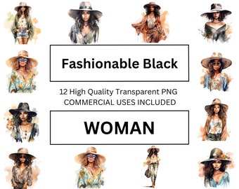 Clipart femmes afro-américaines, clipart aquarelle mode fille noire - téléchargement pour impression de T-shirt, impression de tasse, création numérique en papier.