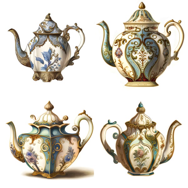 Royal Teapot Clipart Fancy Ornate Jewel Teacups - 10+ Water Color JPGs for Digital Download, Good for Card Making, Paper Crafts