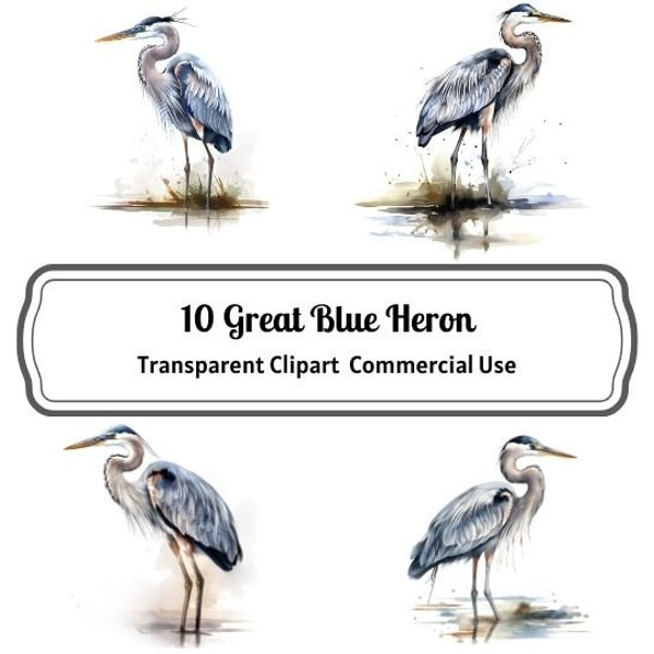 Great Blue Heron Clipart, Watercolor Endangered Blue Heron Bird Digital Art - Printable Images for Wallart, Mixed Media