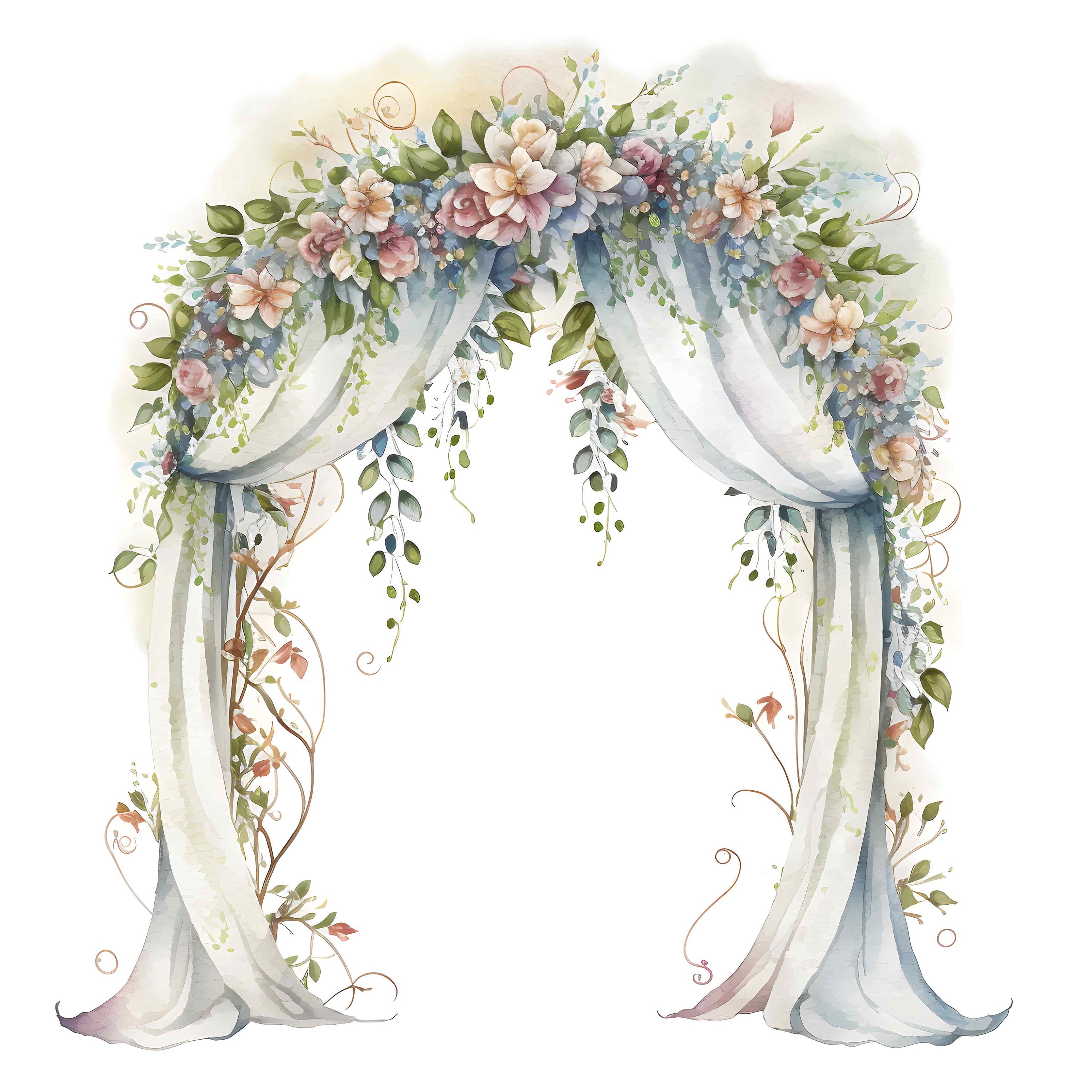 Watercolor Golden Wedding Floral Arches Clipart Set Decorative White