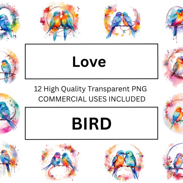 Love Bird Clipart, Watercolor Love Bird Illustration - High Quality Download for POD Selling, Journal, Card, KDP T-shirt Printing.