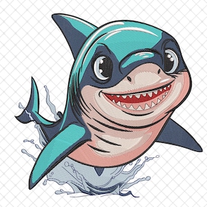 Diseño de bordado de tiburón, lindo tiburón de dibujos animados con bordado de salpicaduras, diseños de bordado de ballenas, diseño de bordado de peces oceánicos