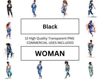 Clipart femmes afro-américaines, mode femme noire aquarelle dans une combinaison élégante et baskets Art Télécharger pour Journal, Magazine