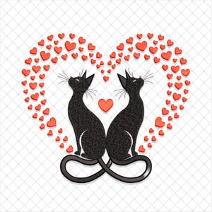 Twee katten zijn dol op borduurontwerp, borduurontwerp leuke wenskaart machine, Valentijnsdag kattenborduurwerk, borduurontwerp romantische kattenkaart