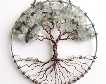 Fluorite Crystal Tree of Life Suncatcher, gemstone wall hanging, home decor gift