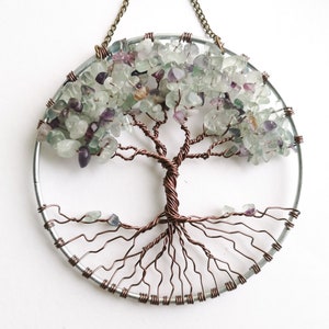 Fluorite Crystal Tree of Life Suncatcher, gemstone wall hanging, home decor gift