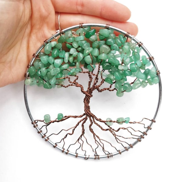 Aventurine Tree of life Crystal Suncatcher, Yggdrasil Tree gemstone wall hanging