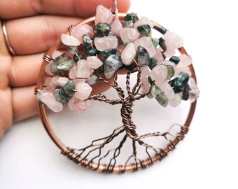 Tree of life suncatcher, rose quartz and moss agate wall decor, Yggdrasil Tree, healing stone gift