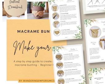 May include: A digital instructional guide for creating macrame bunting, featuring step-by-step text, diagrams, and photographs of beige cotton cord knots, wooden beads, and a finished bunting draped around a brown plant pot.