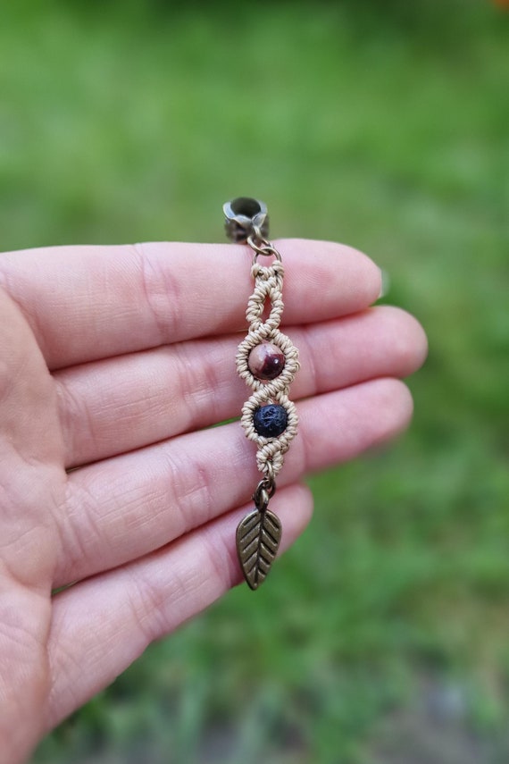 Macrame Hair Bead, Rhodonite Gemstone, Lava Rock Diffuser