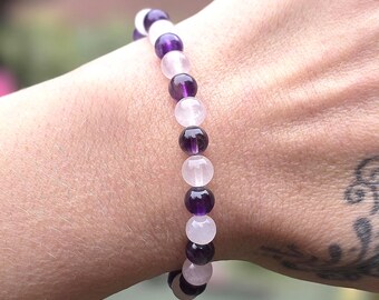 Gemstone Beaded Bracelet - Rose Quartz & Amethyst Natural Stone Bracelet