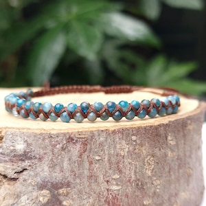 Apatite Gemstone Bracelet, Hand Woven Macrame Bracelet, Teal Beaded Anklet