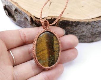 Tigers Eye Macrame Necklace - June Birthstone, Long Statement Pendant, Boho Hippie Artisan Jewelry