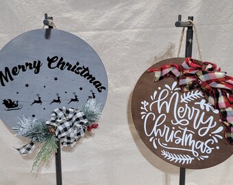 Merry Christmas Door Sign, Rustic Wood Round, Handmade Bow