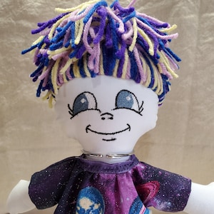 Handmade Rag Doll, Doll for Child Toddler, Embroidered Face, Yarn Hair Toy, Gift for girl, Custom, Purple, Space, Blue, Soft Rag Doll
