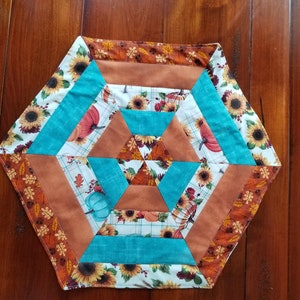 Handmade Table Topper, Thanksgiving Table Runner, Fall Table Mat, Candle Rug, Quilted Table Topper, Hexagon Centerpiece,Seasonal Table Decor