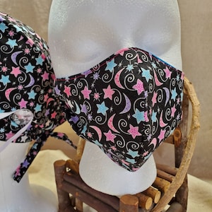 Face Mask, Elastic, Fitted Cotton, Washable, Handmade, Stars, Moon, Pastel, Pink, Purple, Reversable, Nurse, Doctor, Dentist, Vetinarian