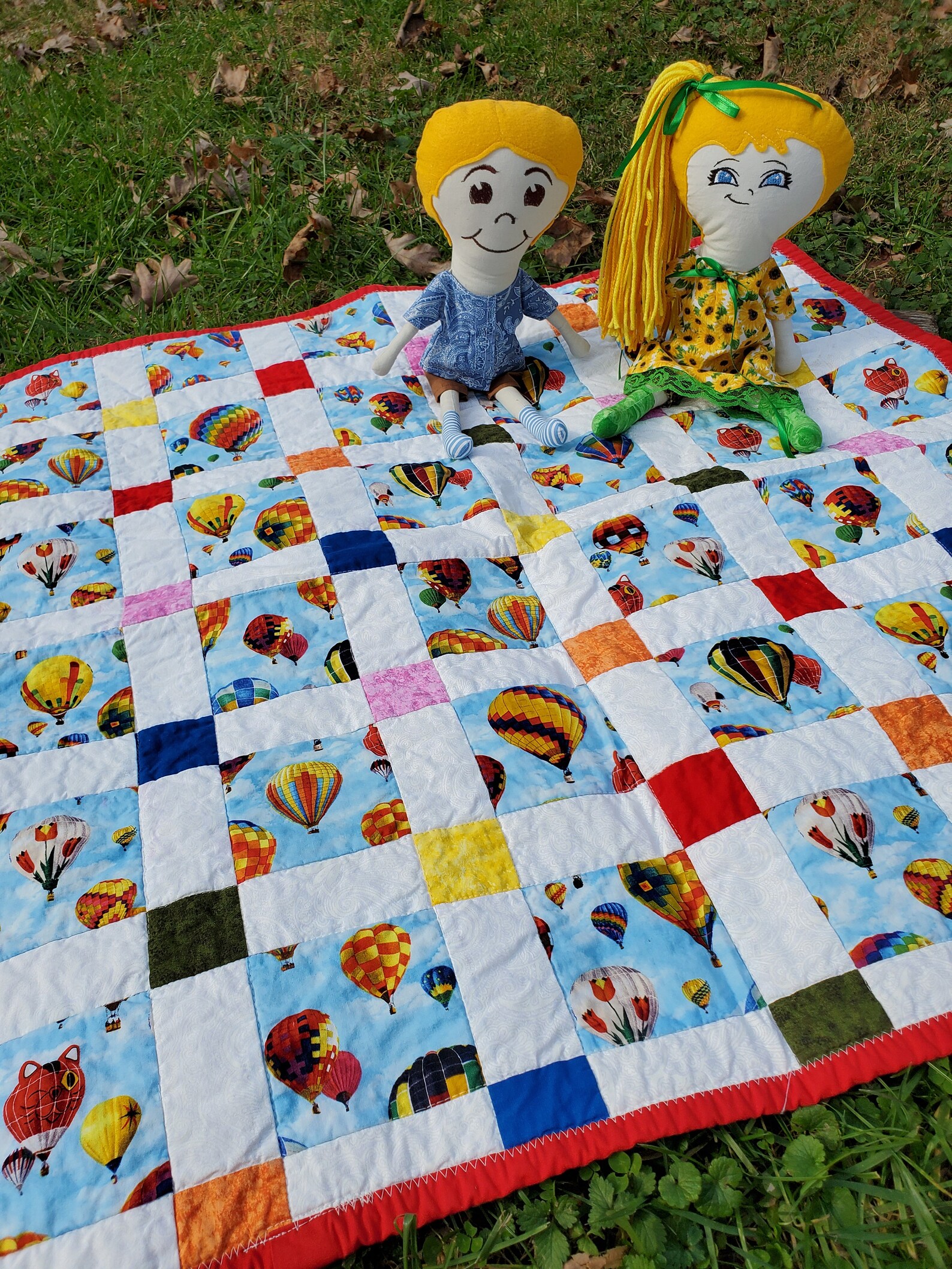 Handmade Quilt, Toddler Comforter, Baby Quilt, Balloons Rainbows