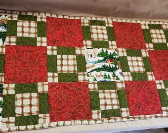 Quilted Table Runner, Handmade Table Cloth, Let it Snow, Red, Christmas Decor, Cotton, Pieced Runner, Gift, Custom