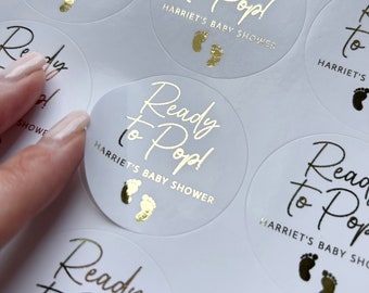 Personalised READY TO POP Luxury Foiled Baby Shower Stickers For decoration and favours