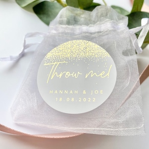 Confetti 'Throw Me' Luxury Foiled Labels for Wedding Favours with Custom Names and Date