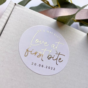 Love At First Bite Luxury Foiled Labels for Wedding Favours Cake Boxes with Custom Names and Date