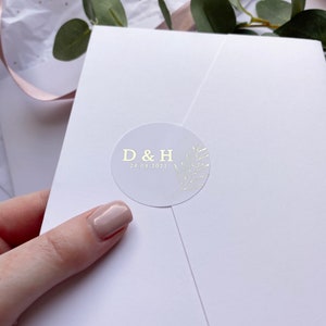 Luxury Foiled Monogram and Date Botanical Leaf Wedding Favour Seal Envelope Stickers Labels