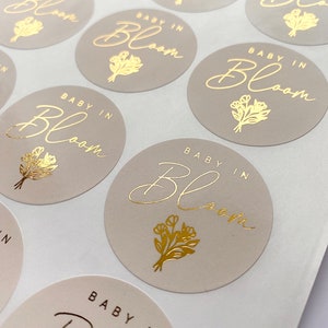 BABY IN BLOOM Baby Shower Party Foiled Sticker for Favours or Decoration