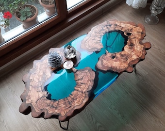 Handmade Olive Wood River Coffee Table: Blue Epoxy Resin Live Edge Slab
