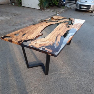 Custom Made Clear Epoxy Live Edge Dining Table with Olive Wood