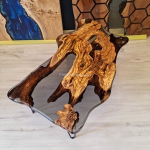 Smoke Epoxy Resin Coffee Table: Live Edge Olive Wood Side Table