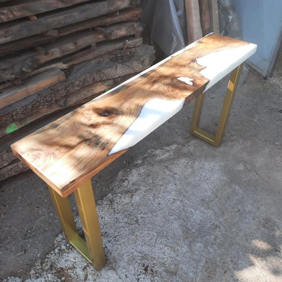 Live Edge Walnut Epoxy Console Table: Metal Base Sofa Table