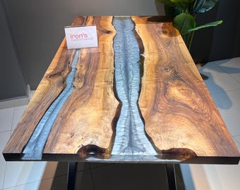Live Edge Walnut Dining Table: Gray Epoxy Resin River Table