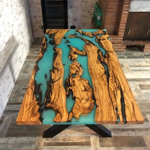 Olive Epoxy Dining Table, Live edge Epoxy Resin Table, Kitchen Table, Handmade Table
