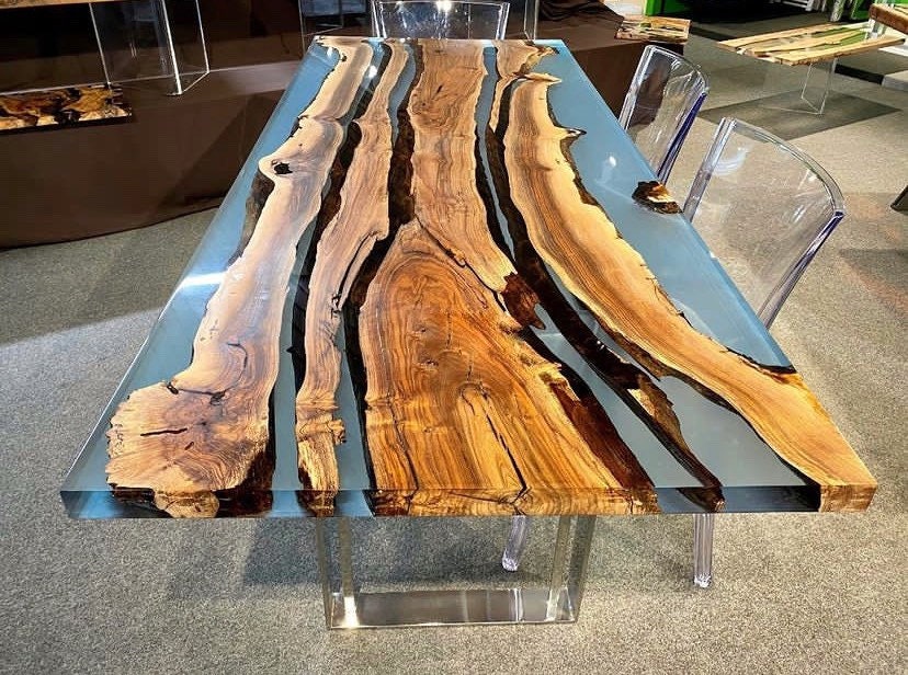 Custom Live Edge Walnut Dining Table: Blue Epoxy Resin River