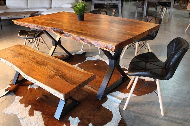 Black Live edge Dining Table, Modern Dining Table, Walnut Table, Bench 