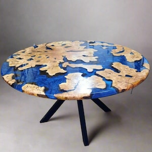 Custom Round Blue Epoxy Table, Resin Dining Table with Olive Wood