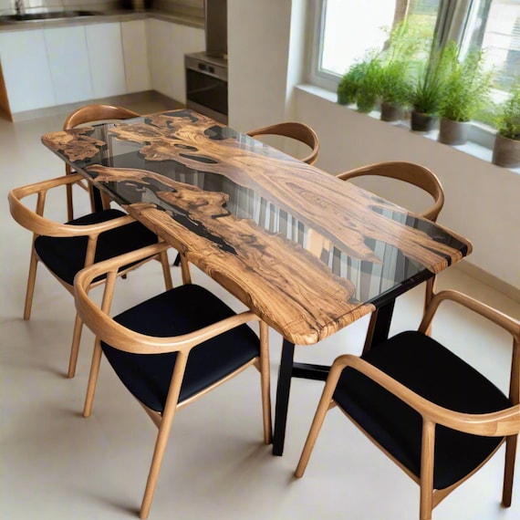 Live Edge Olive Wood Resin Dining Table: Custom Rectangular Epoxy Table