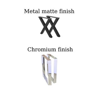 May include: Two table legs in different finishes. The top leg is black with a matte finish and is shaped like an X. The bottom leg is silver with a chrome finish and is shaped like a square.