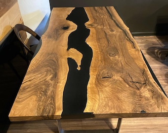 Black Epoxy River Dining Table: Live Edge Walnut, Custom Made